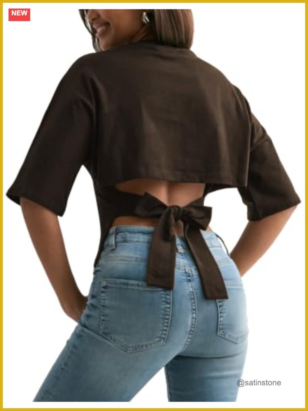 Cotton Blend Open Back Tie Back Crop Top Half Sleeve Y2K Tee